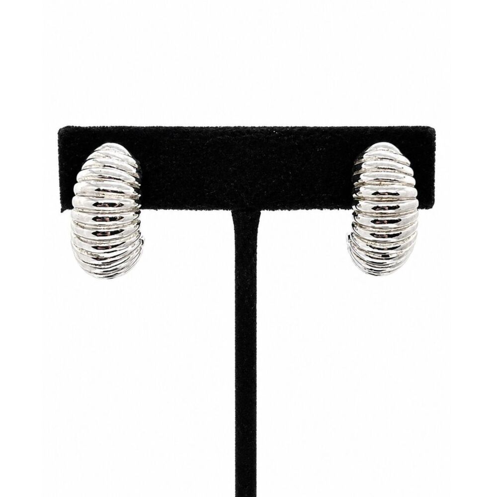 Vintage KENNETH JAY LANE Earrings KJL Silver Shrimp Hoop Ribbed Clip On